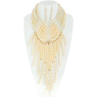 MULTI STRAND PEARL WITH CRYSTAL BEAD FRINGE BIB STATEMENT NECKLACE AND EARRINGS SET