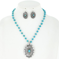 WESTERN CONCHO PENDANT SQUARE TURQUOISE BEAD NECKLACE AND EARRING SET