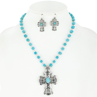 WESTERN CROSS PENDANT SQUARE TURQUOISE BEAD NECKLACE AND EARRING SET