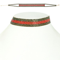 RED AND GREEN RHINESTONE CHOKER NECKLACE