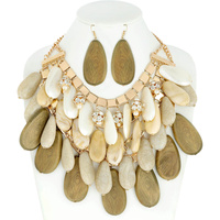 CHUNKY AGATE STONE AND WOOD TEARDROP CHAIN BIB STATEMENT NECKLACE AND EARRINGS SET