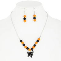 HALLOWEEN BLACK CAT PENDANT RUBBER BALL NECKLACE AND EARRINGS SET