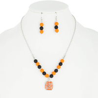 HALLOWEEN TRICK OR TREAT PUMPKIN PENDANT RUBBER BALL NECKLACE AND EARRINGS SET
