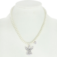 GUARDIAN ANGEL AND HEART CHARM PEARL PENDANT NECKLACE