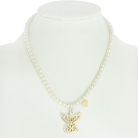 GUARDIAN ANGEL AND HEART CHARM PEARL PENDANT NECKLACE