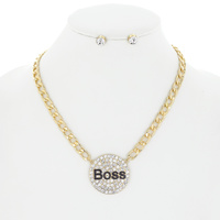CRYSTAL RHINESTONE BOSS PENDANT NECKLACE AND EARRINGS SET