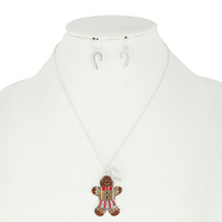 CHRISTMAS GINGERBREAD MAN WITH CANDY CANE NECKLACE AND EARRINGS SET