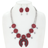 WESTERN SQUASH BLOSSOM SYNTHETIC SEMI STONE MULTISTRANDED CHAIN NECKLACE EARRING SET