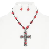 WESTERN STYLE CROSS WITH SEMI PRECIOUSE STONE PENDANT NECKLACE AND EARRINGS SET