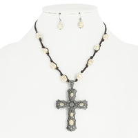 WESTERN STYLE CROSS WITH SEMI PRECIOUSE STONE PENDANT NECKLACE AND EARRINGS SET