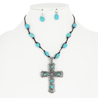 WESTERN STYLE CROSS WITH SEMI PRECIOUSE STONE PENDANT NECKLACE AND EARRINGS SET
