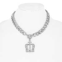 CRYSTAL RHINESTONE CROWN PENDANT CHAIN LINK TOGGLE NECKLACE