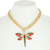 FASHION RHINESTONE DRAGONFLY PENDANT TOGGLE NECKLACE