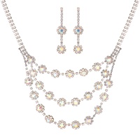 CRYSTAL RHINESTONE FLOWER 3 LAYERED NECKLACE AND EARRINGS SET