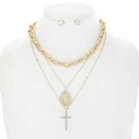 RELIGIOUS TRIPLE STRAND GUADALUPE / CROSS/ OVAL LINK CHAIN LAYERED NECKLACE AND STUD SOLITAIRE EARRING SET