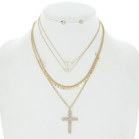 RELIGIOUS CROSS PEARL LAYERED CHAIN NECKLACE AND STUD SOLITAIRE EARRING SET