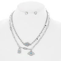 2 STRAND EVIL EYE GOOD LUCK LAYERED CHAIN NECKLACE AND STUD EARRING SET