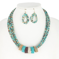 MULTI COLOR SEED BEAD MULTI STRAND NECKLACE AND EARRINGS SET