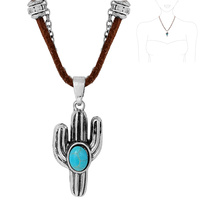 WESTERN DOUBLE LAYER SUEDE AND CHAIN NECKLACE WITH CACTUS PENDANT