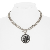 CUBAN LINK CHAIN TOGGLE NECKLACE WITH  GREEK KEY SQUARE PATTERN AND GRECIAN SHIELD KNOT ON RHINESTONE FRAMED MEDALLION