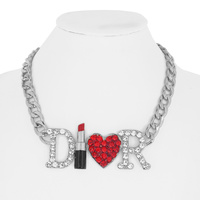 RHINESTONE LETTER DR WITH LIPSTICK AND HEART CHARM CHAIN NECKLACE
