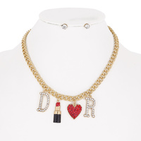 RHINESTONE LETTER DR WITH LIPSTICK AND HEART CHARM CHAIN NECKLACE