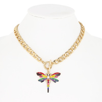 CUBAN LINK CHAIN TOGGLE NECKLACE WITH RHINESTONE ENAMEL DRAGONFLY PENDANT