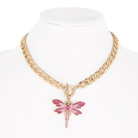 CUBAN LINK CHAIN TOGGLE NECKLACE WITH RHINESTONE ENAMEL DRAGONFLY PENDANT