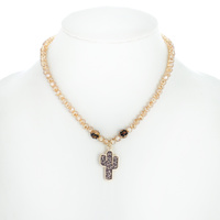 WESTERN GLASS MULTI BEAD LEOPARD PRINTED CACTUS PENDANT NECKLACE