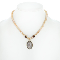 WESTERN GLASS MULTI BEAD LEOPARD PRINTED OVAL PENDANT NECKLACE