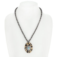 WESTERN NAVAJO PERL TURQUOISE LEOPARD PRINTED CONCHO PENDANT NECKLACE