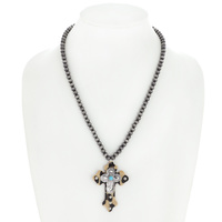 WESTERN NAVAJO PERL TURQUOISE LEOPARD PRINTED CROSS PENDANT NECKLACE
