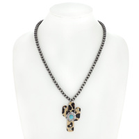 WESTERN NAVAJO PERL TURQUOISE LEOPARD PRINTED CACTUS PENDANT NECKLACE