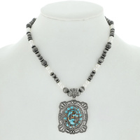 NAVAJO PEARL AND SYNTHETIC  PEARL NECKLACE WITH RECTANGULAR TURQUOISE PENDANT