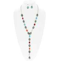 CONCHO WESTERN STYLE MULTICOLOR BEADED LARIAT ADJUSTABLE NECKLACE EARRING SET