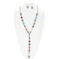 WESTERN STYLE CROSS MULTI STONE LARIAT Y ADJUSTABLE NECKLACE EARRING SET