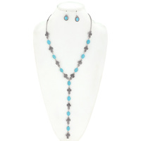 WESTERN STYLE CROSS MULTI STONE LARIAT Y ADJUSTABLE NECKLACE EARRING SET