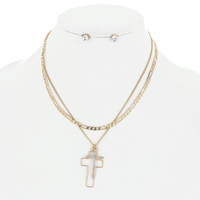 2 STRAND CROSS PENDANTS LAYERED CHAIN NECKLACE AND STUD SOLITAIRE EARRING SET