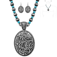 WESTERN SCROLL DESIGN CONCHO PENDANT NAVAJO BEAD SEMI-STONE NECKLACE EARRING SET