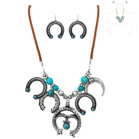 WESTERN SQUASH BLOSSOM CHARMS MULTI BEAD SUEDE NECKLACE EARRING SET