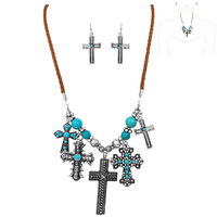 WESTERN CROSS CHARMS MULTI BEAD SUEDE NECKLACE EARRING SET