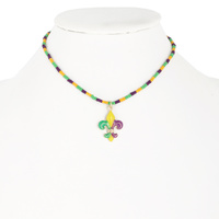 MARDI GRAS FLEUR DE LIS PENDANT SEED BEAD CHOKER NECKLACE