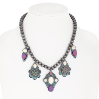 WESTERN TEXTURED DRUZY STONE CHARMS NAVAJO PEARL NECKLACE