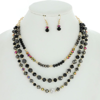 3 LINE MULTISTRANDED MIXED GLASS BEAD NECKLACE EARRING SE