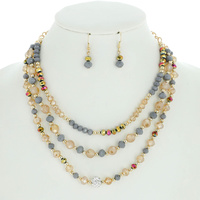 3 LINE MULTISTRANDED MIXED GLASS BEAD NECKLACE EARRING SE