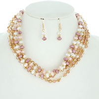 4 LINE MULTISTRANDED MIXED GLASS BEAD NECKLACE EARRING SET