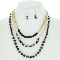 3 LINE MULTISTRANDED MIXED BEAD NECKLACE EARRING SET