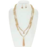 2 LINE LONG MULTISTRANDED MIXED BEAD TASSEL NECKLACE EARRING SET
