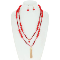 2 LINE LONG MULTISTRANDED MIXED BEAD TASSEL NECKLACE EARRING SET