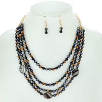 4 LINE MULTISTRANDED MIXED GLASS BEAD NECKLACE EARRING SET